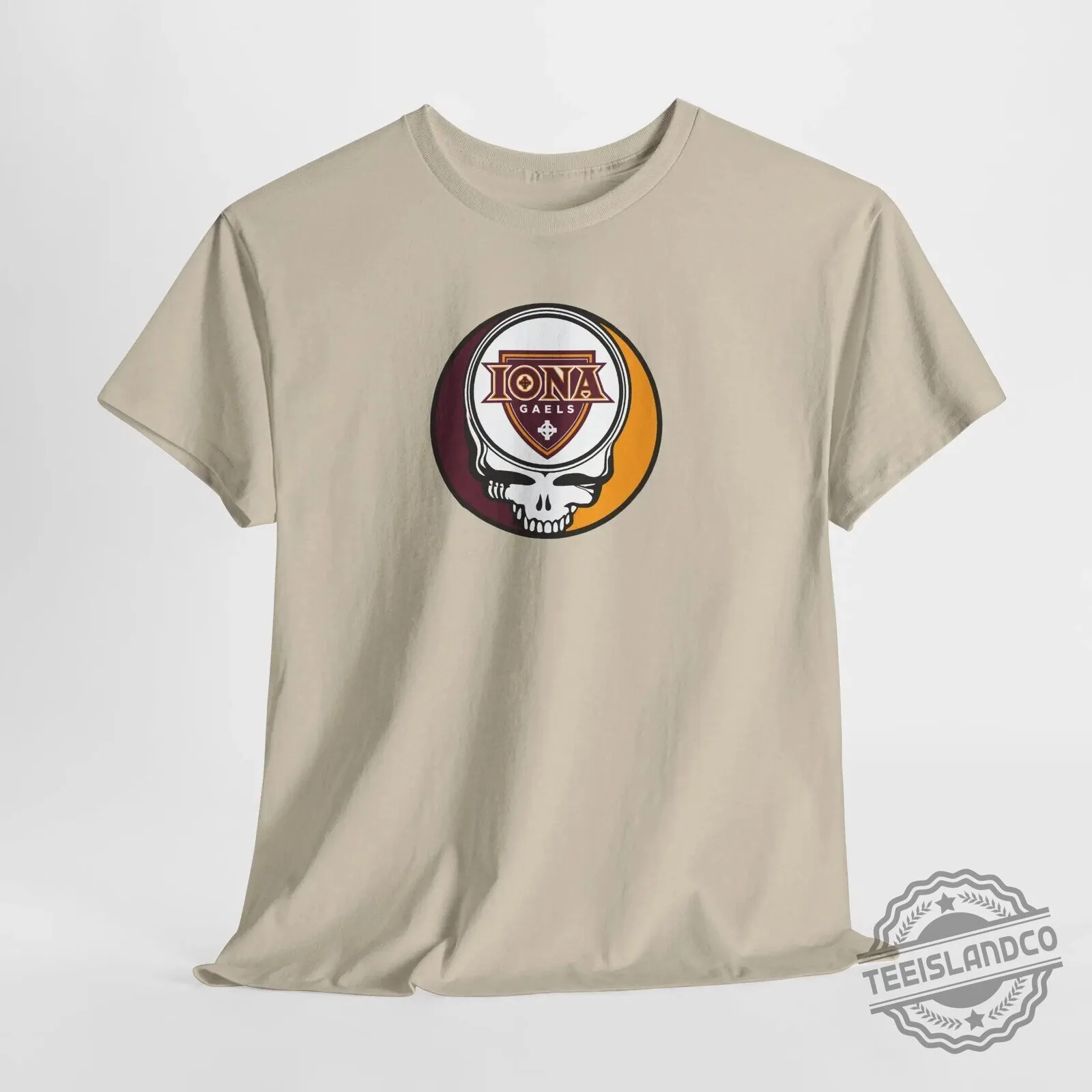 Iona Gaels University Stealie Skull Logo Graphic Beige Short Sleeve T-Shirt 21 Iona Gaels University Stealie Skull Logo Graphic Beige Short Sleeve T-Shirt