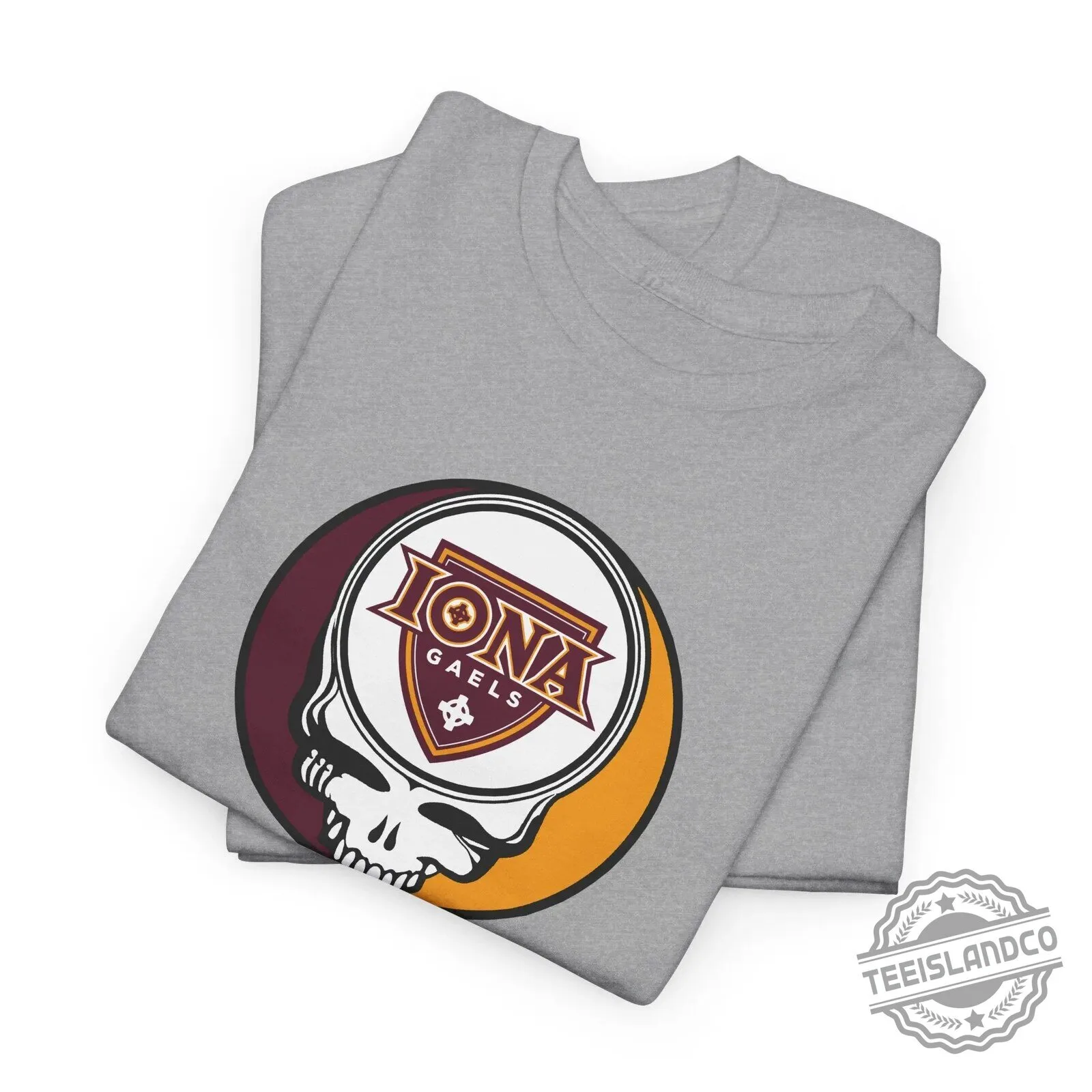 Iona Gaels University Stealie Skull Logo Graphic Beige Short Sleeve T-Shirt 22 Iona Gaels University Stealie Skull Logo Graphic Beige Short Sleeve T-Shirt