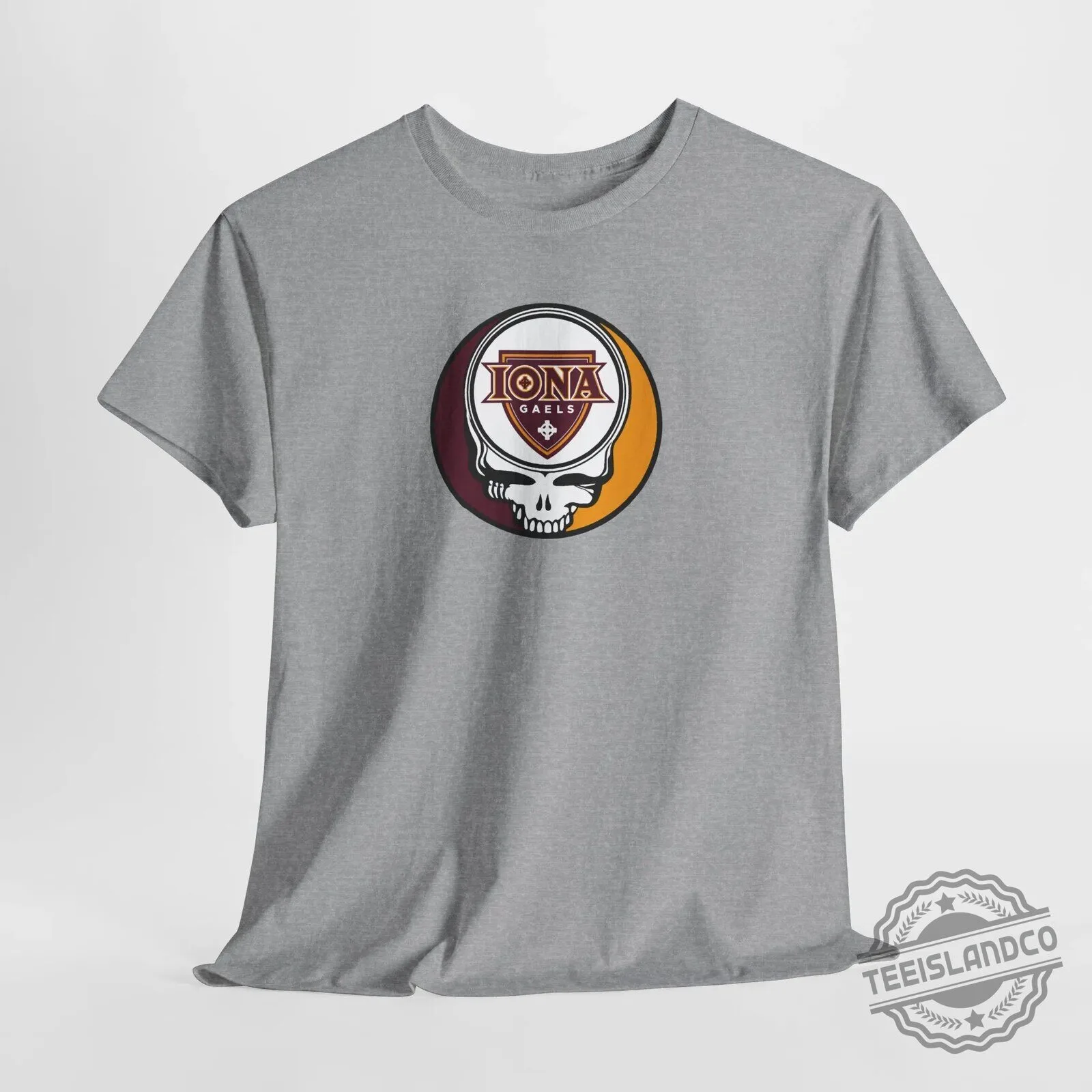 Iona Gaels University Stealie Skull Logo Graphic Beige Short Sleeve T-Shirt 23 Iona Gaels University Stealie Skull Logo Graphic Beige Short Sleeve T-Shirt
