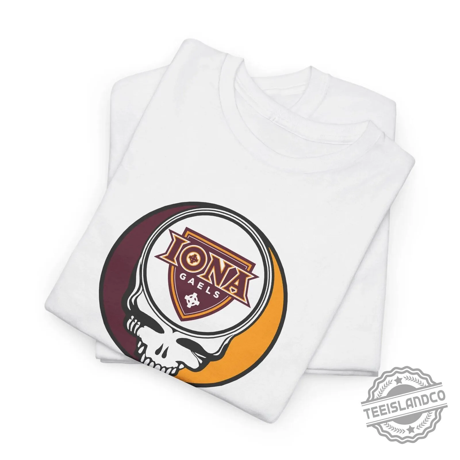 Iona Gaels University Stealie Skull Logo Graphic Beige Short Sleeve T-Shirt 26 Iona Gaels University Stealie Skull Logo Graphic Beige Short Sleeve T-Shirt