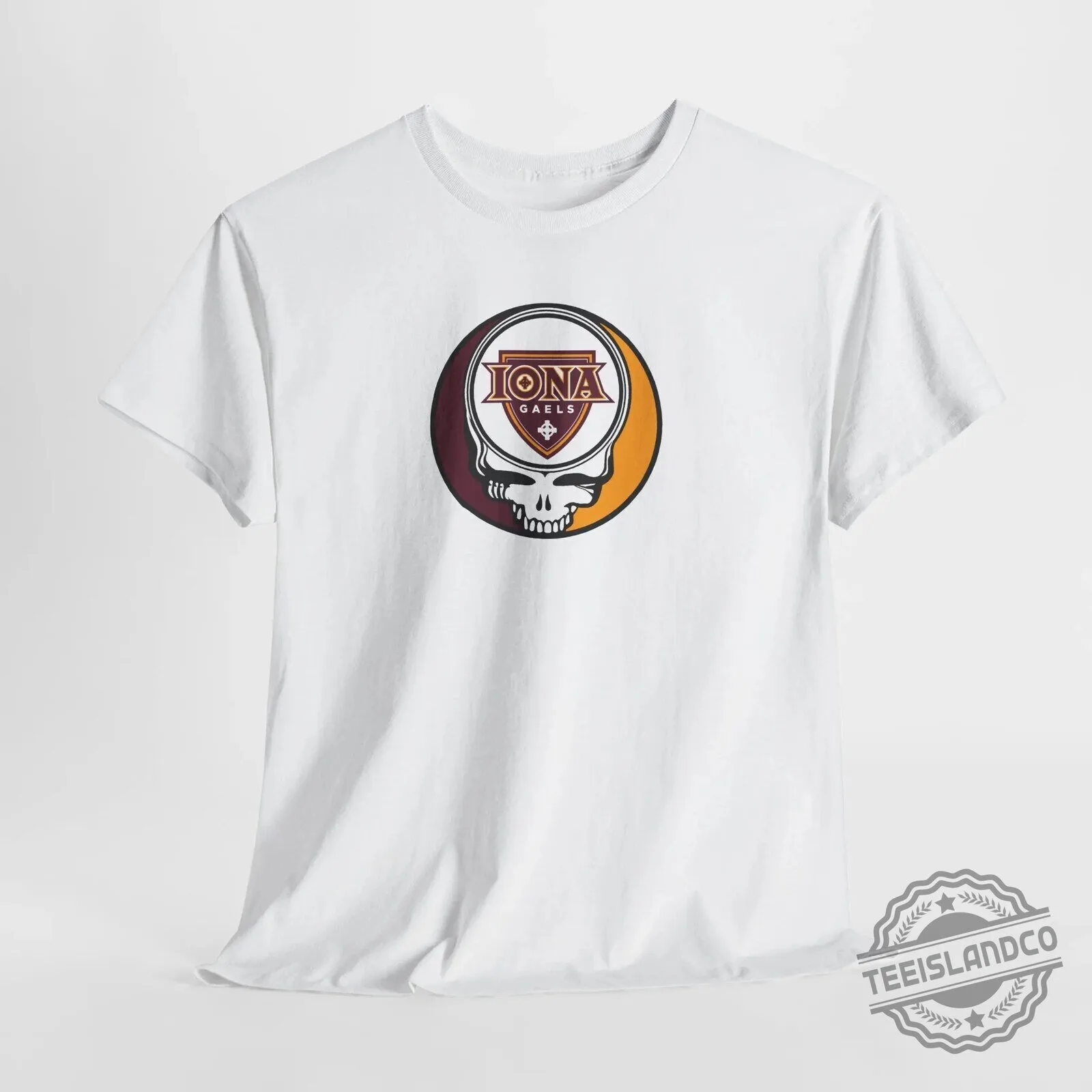 Iona Gaels University Stealie Skull Logo Graphic Beige Short Sleeve T-Shirt 27 Iona Gaels University Stealie Skull Logo Graphic Beige Short Sleeve T-Shirt