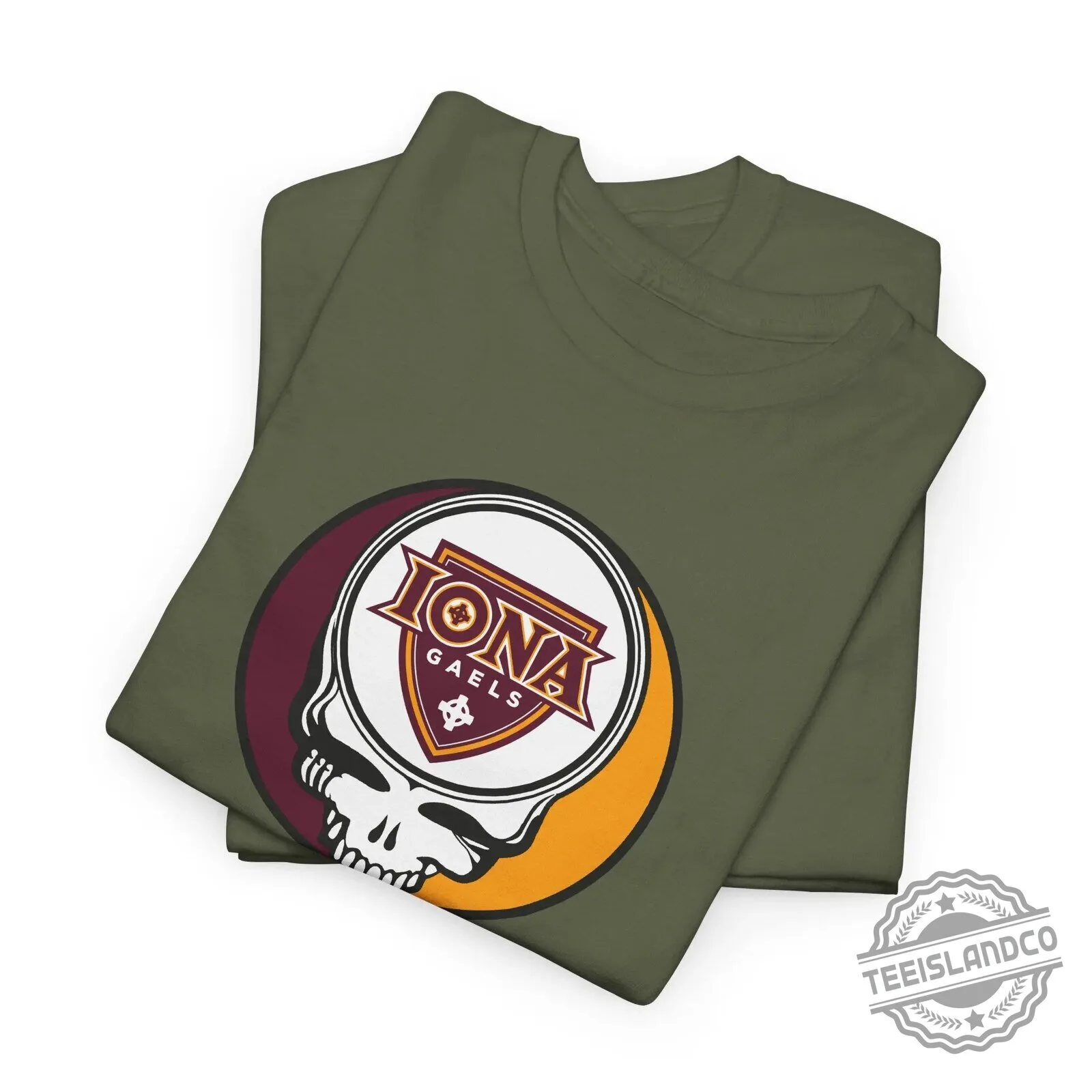 Iona Gaels University Stealie Skull Logo Graphic Beige Short Sleeve T-Shirt 28 Iona Gaels University Stealie Skull Logo Graphic Beige Short Sleeve T-Shirt