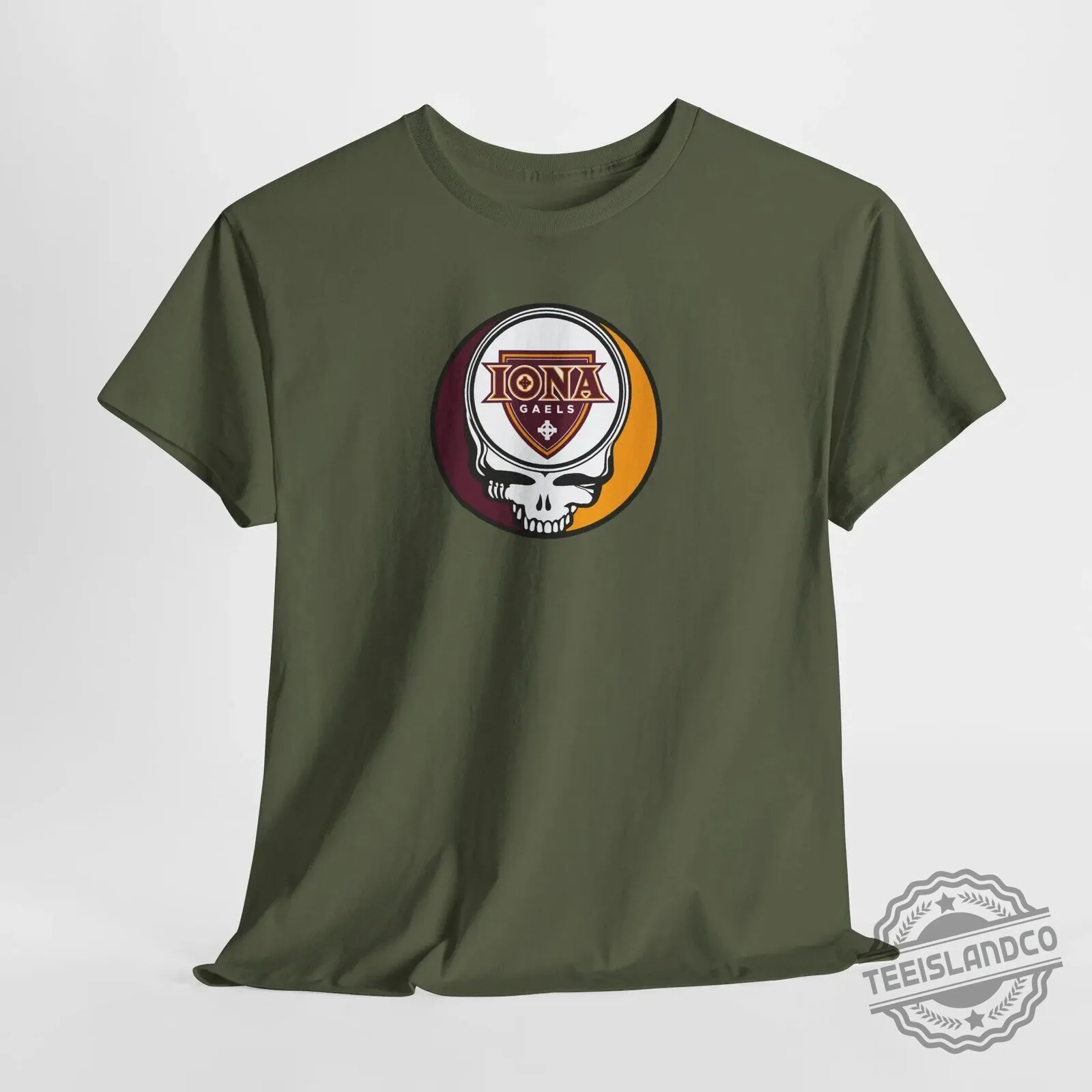 Iona Gaels University Stealie Skull Logo Graphic Beige Short Sleeve T-Shirt 29 Iona Gaels University Stealie Skull Logo Graphic Beige Short Sleeve T-Shirt