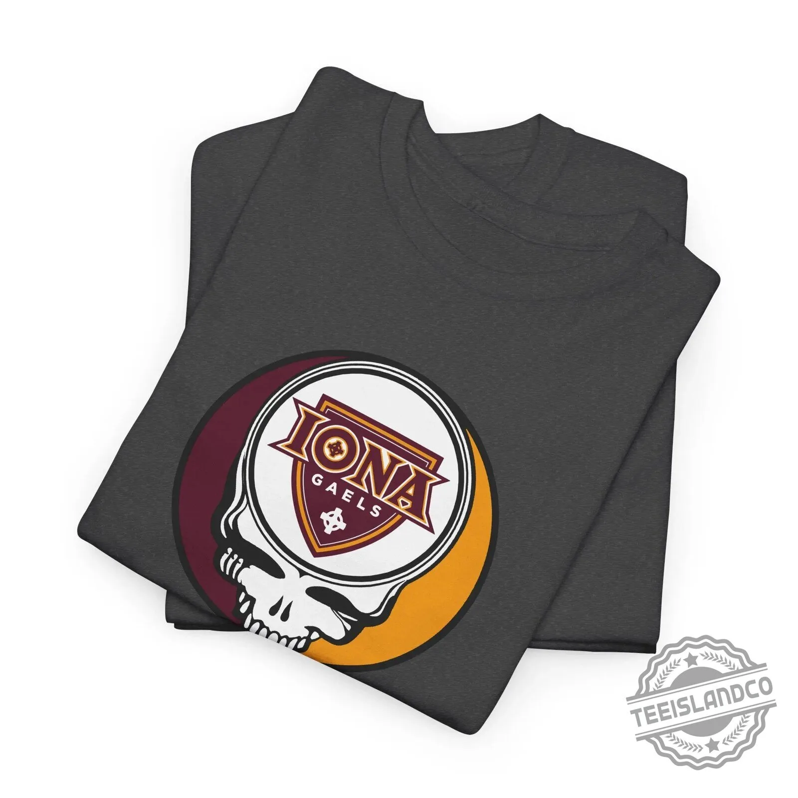 Iona Gaels University Stealie Skull Logo Graphic Beige Short Sleeve T-Shirt 30 Iona Gaels University Stealie Skull Logo Graphic Beige Short Sleeve T-Shirt