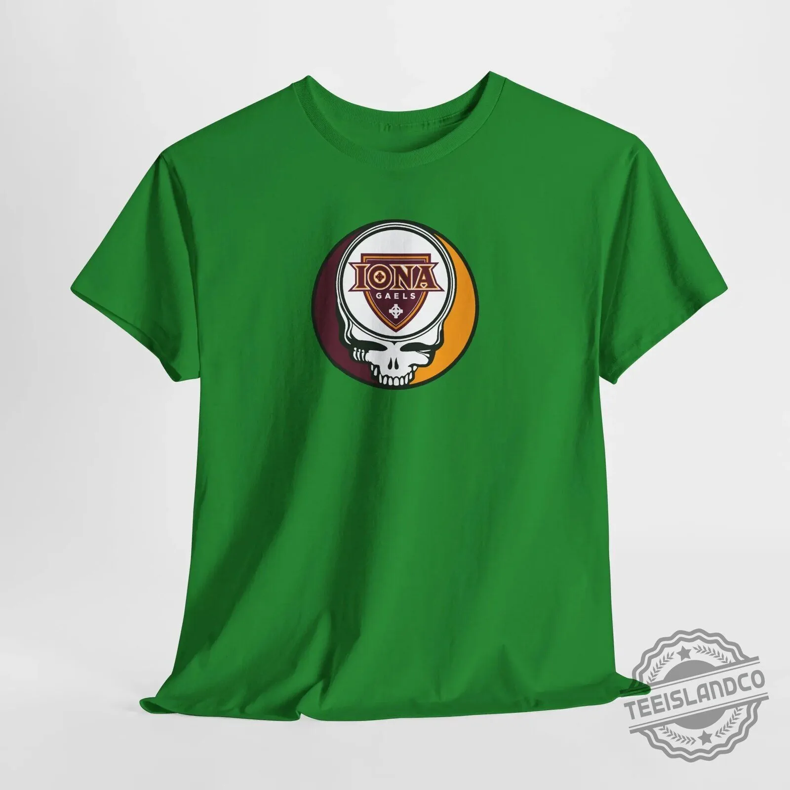 Iona Gaels University Stealie Skull Logo Graphic Beige Short Sleeve T-Shirt 37 Iona Gaels University Stealie Skull Logo Graphic Beige Short Sleeve T-Shirt