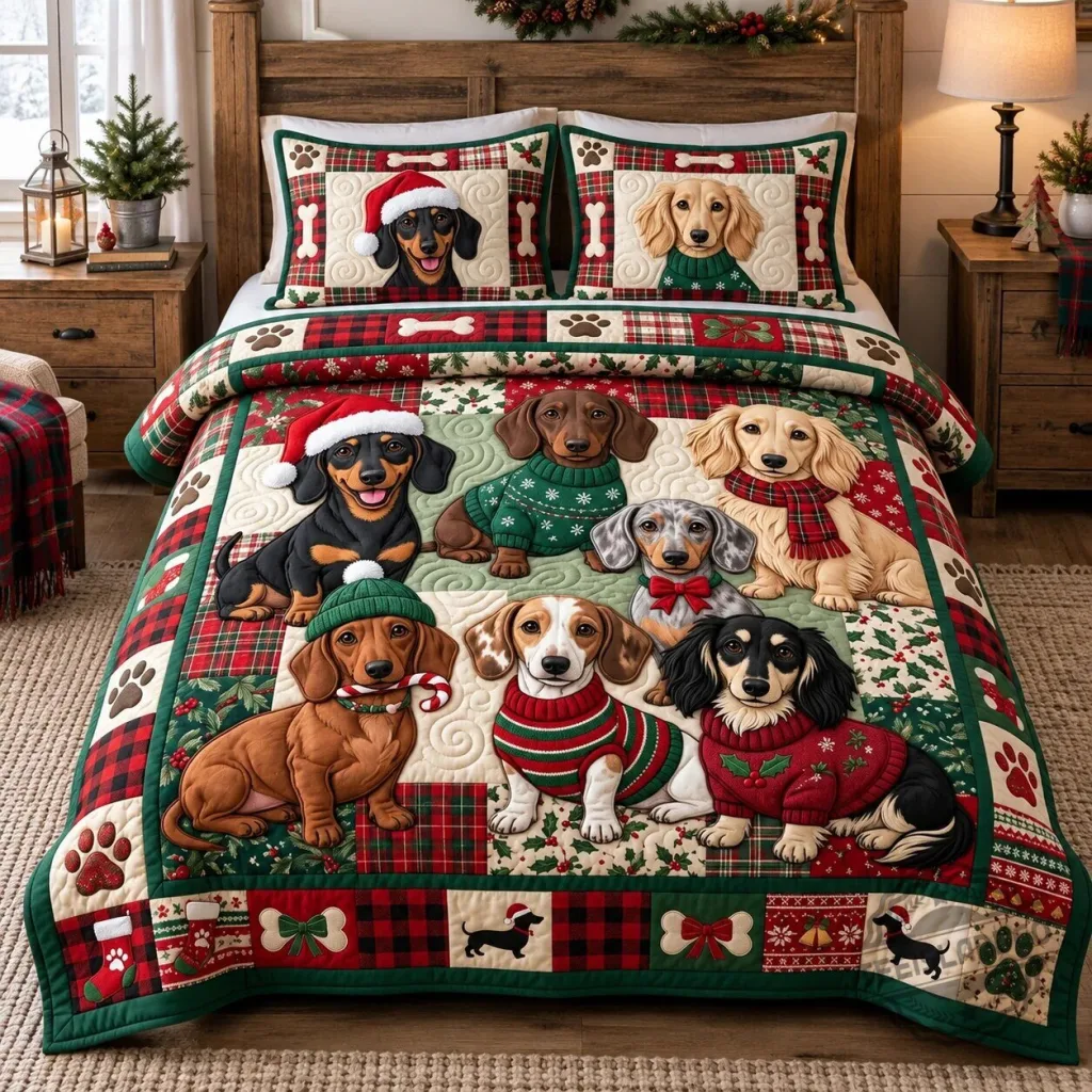 Christmas Dachshund Dog Plaid Quilted Bedding Set with Pillow Shams Christmas Dachshund Dog Plaid Quilted Bedding Set with Pillow Shams