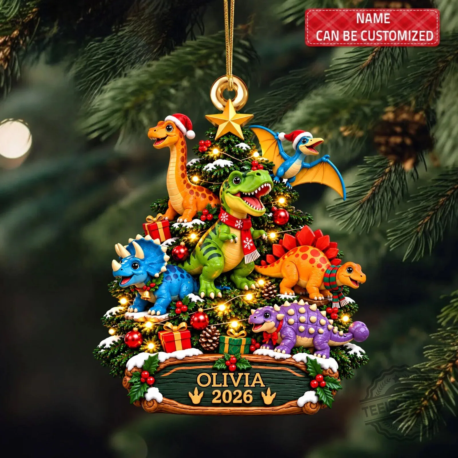 Personalized Christmas Dinosaur Tree Ornament - Custom Name Holiday Decoration 6 Personalized Christmas Dinosaur Tree Ornament - Custom Name Holiday Decoration