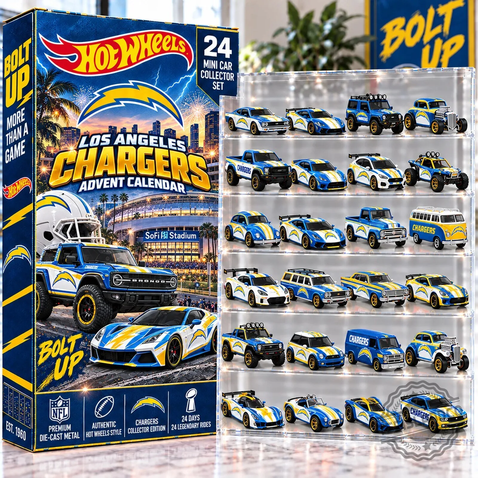 Los Angeles Chargers Hot Wheels 24 Piece Mini Car Collector Set Advent Calendar 2D