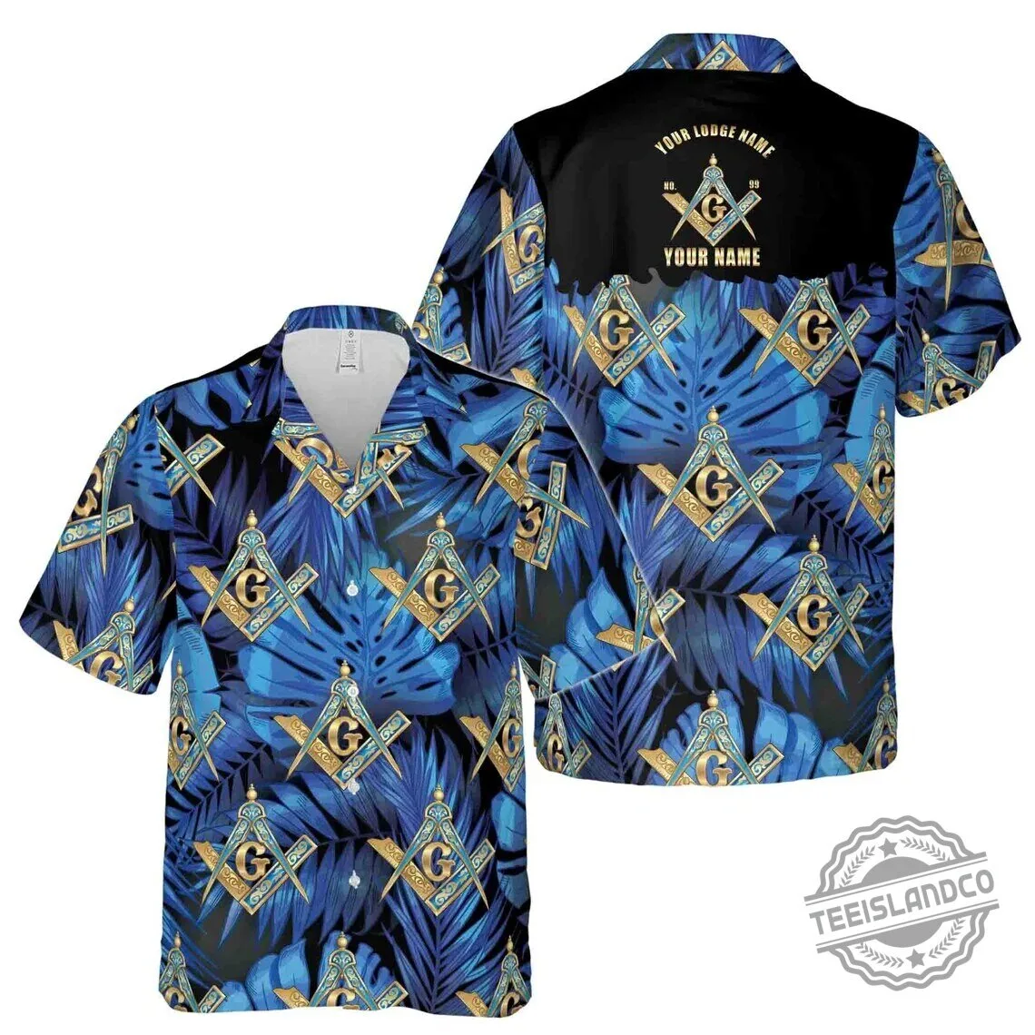 Masonic Freemasonry Blue Palm Leaf Pattern Hawaiian Shirt