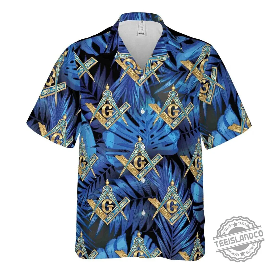 Masonic Freemasonry Blue Palm Leaf Pattern Hawaiian Shirt