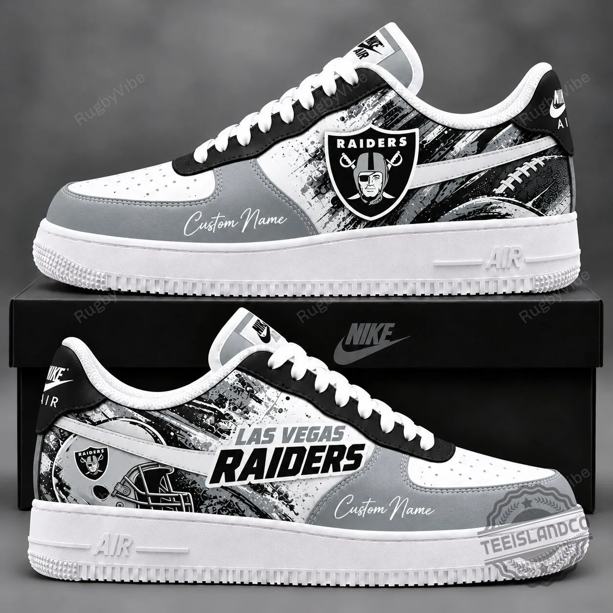 Las Vegas Raiders NFL Football Team Logo Custom Name White and Gray Sneakers