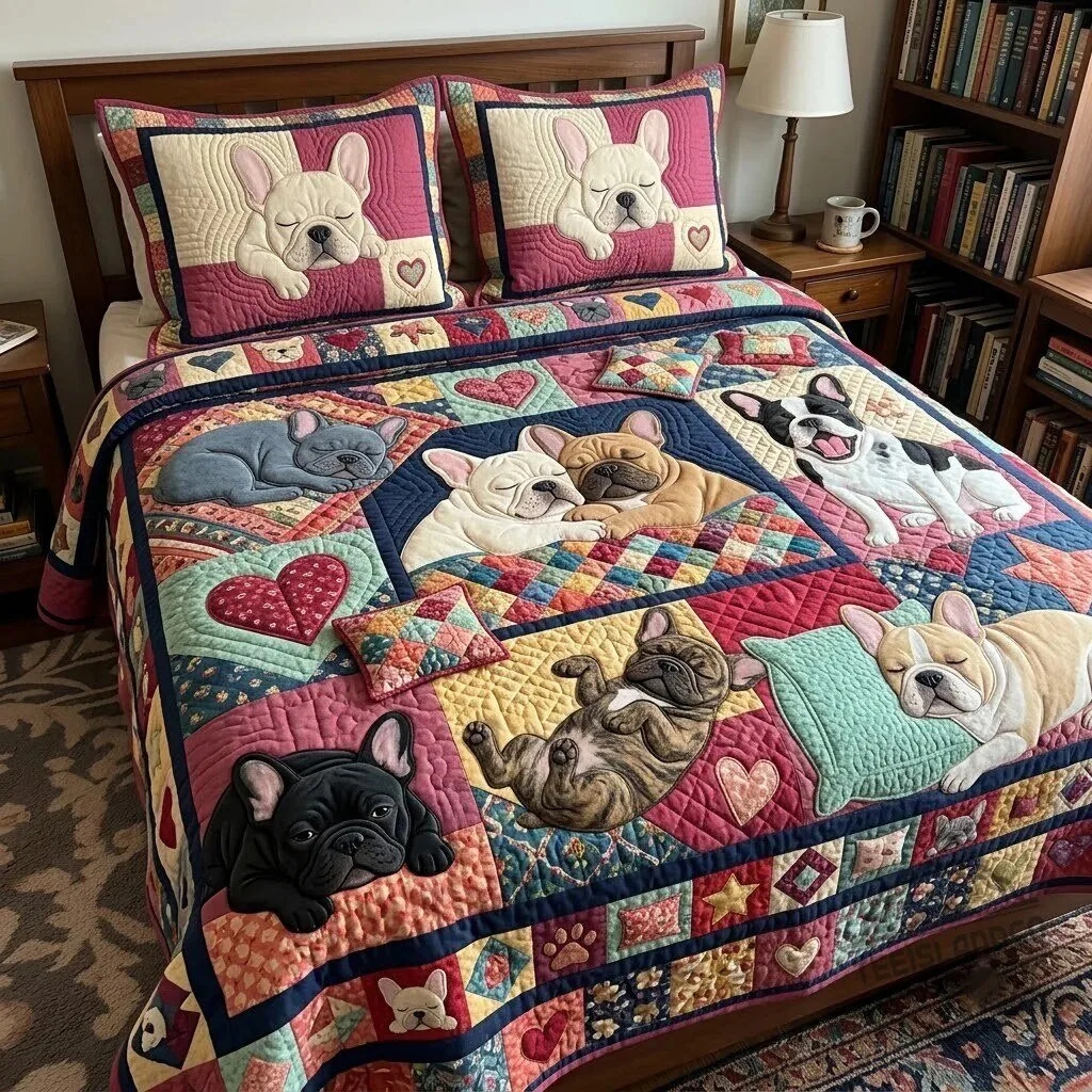 French Bulldog Puppy Dog Quilted Bedding Set with Pillow Shams