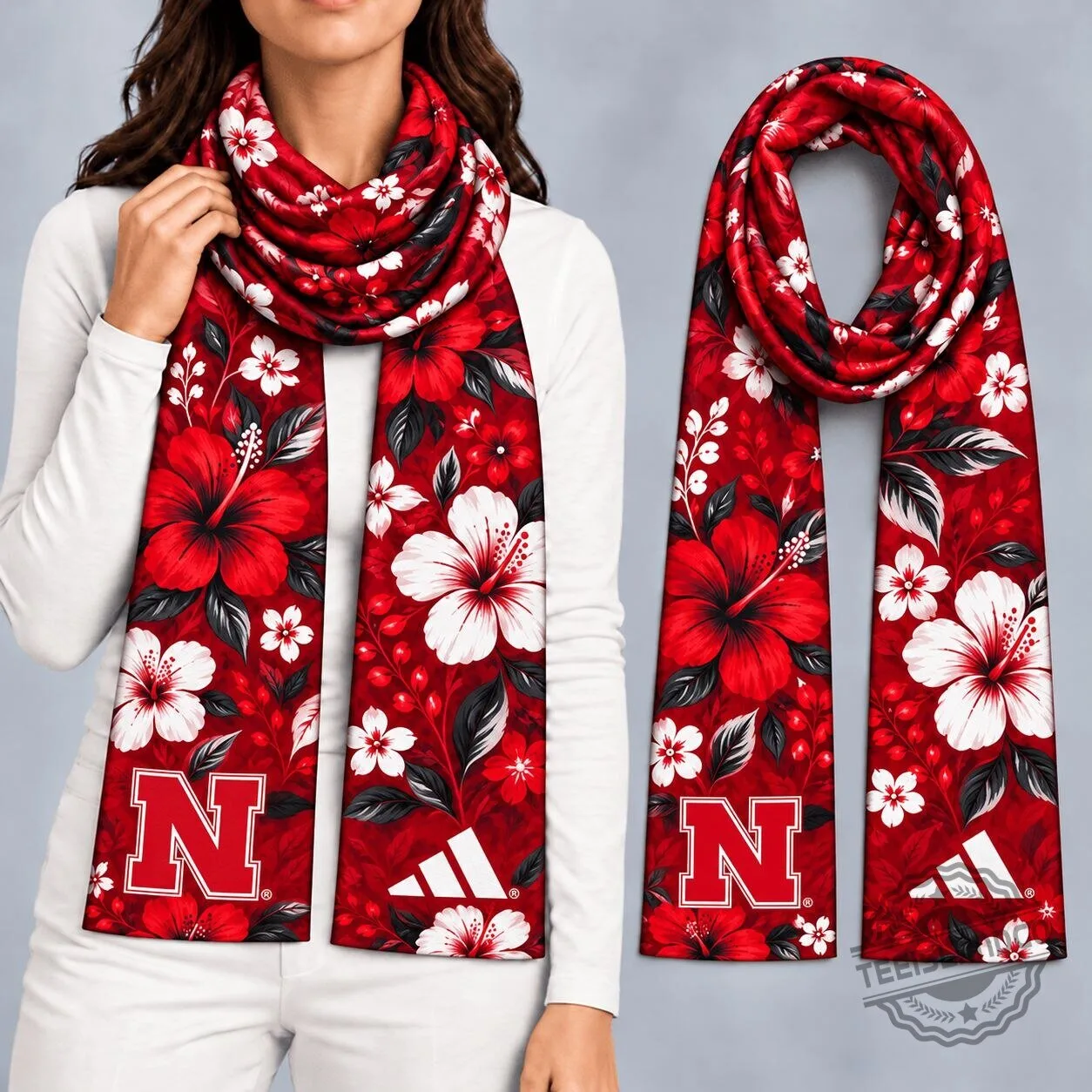 Nebraska Cornhuskers Floral Hibiscus Red and White Game Day Scarf