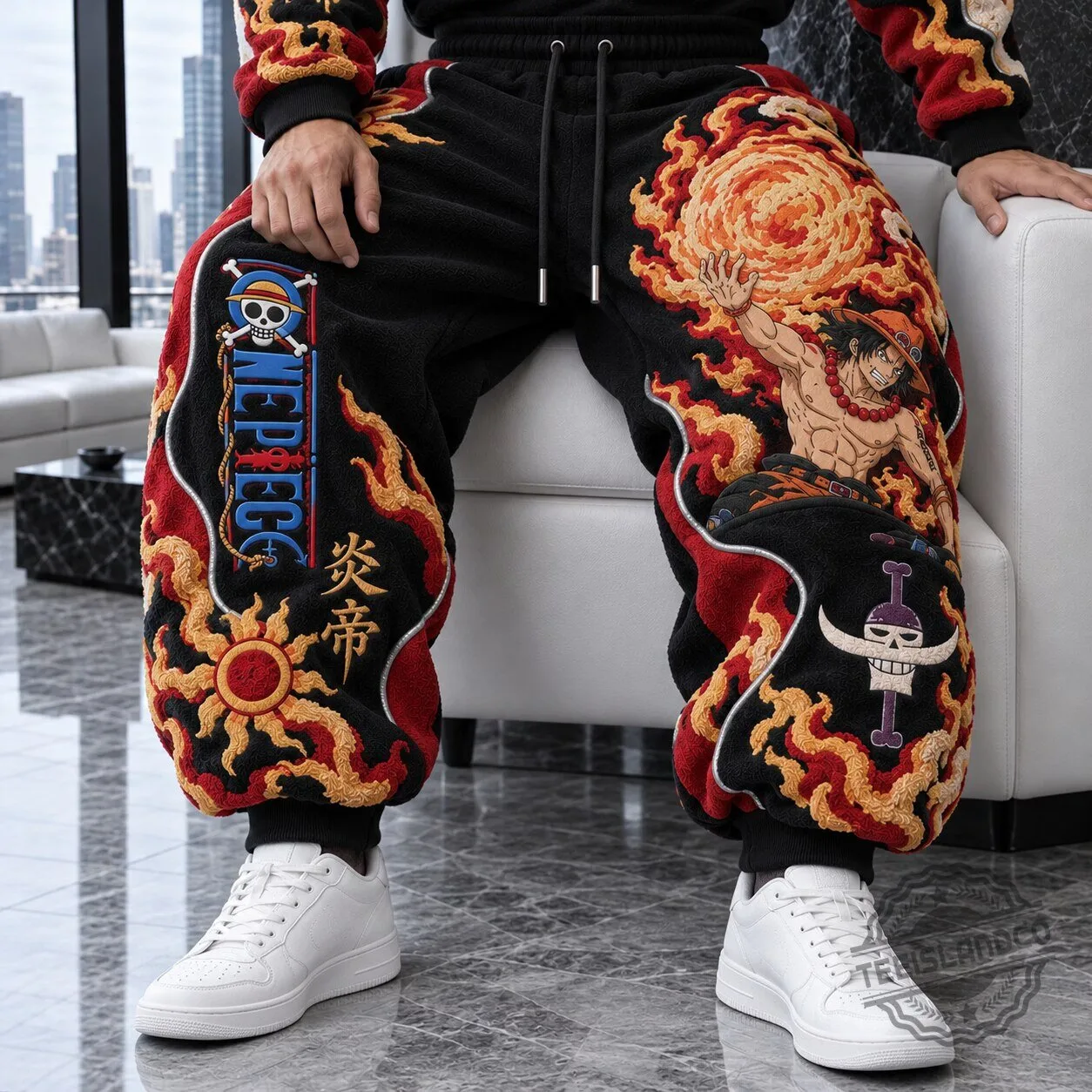 One Piece Portgas D. Ace Fire Fist Embroidered Loose-Fit Jogger Sweatpants 1 One Piece Portgas D. Ace Fire Fist Embroidered Loose-Fit Jogger Sweatpants